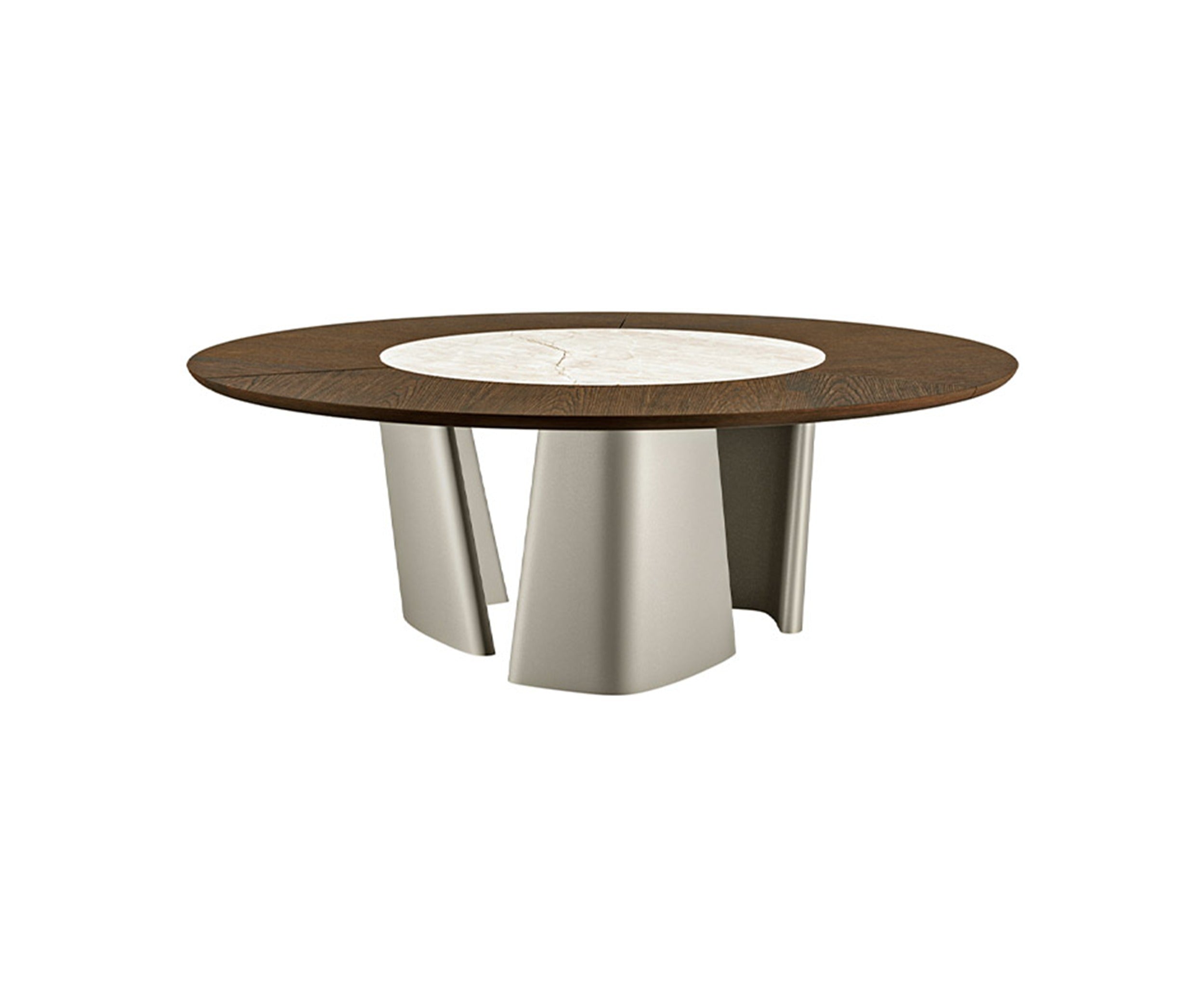 Achille round dining table by eforma with Dark Brown Ash wood top, Mahal Silk ceramic center and Titanium lacquered base