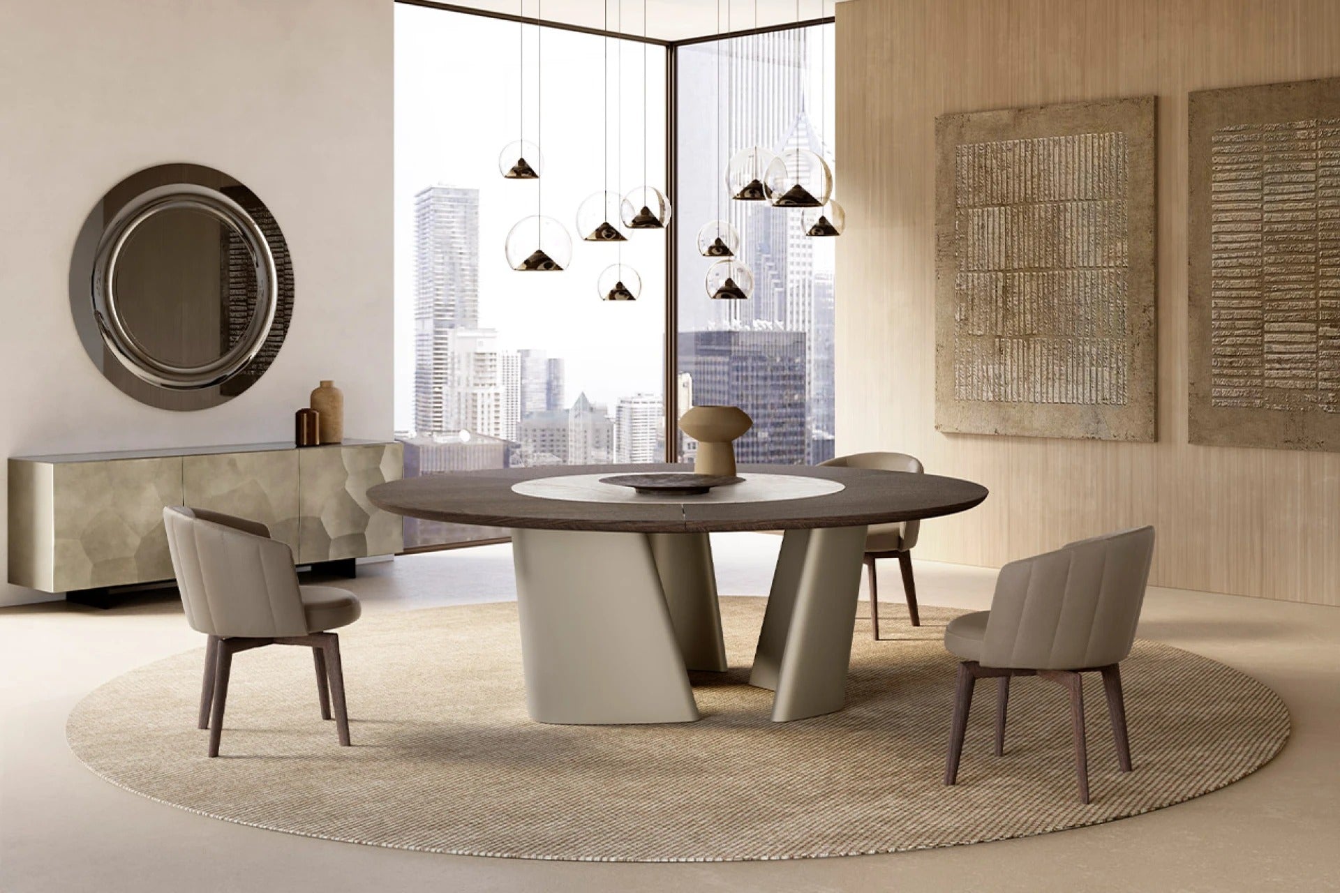 Achille Wood and Ceramic Top round dining table by eforma in a dining room with city view