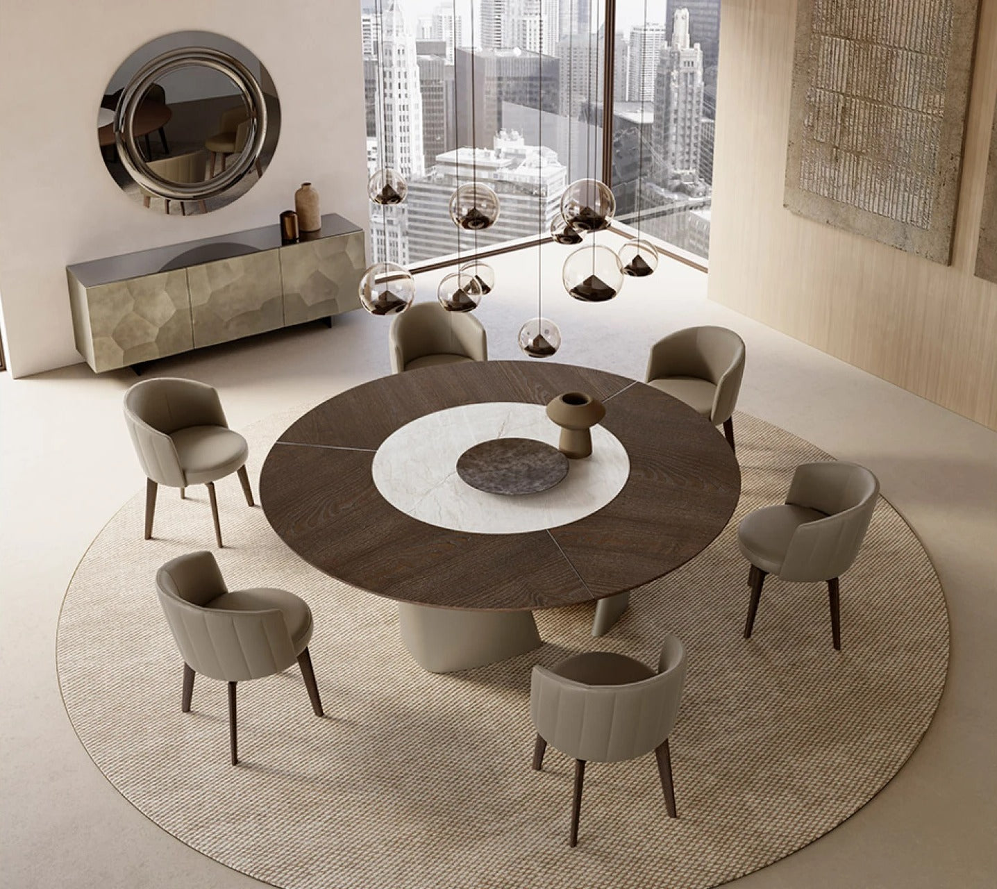 Top view of the Achille round dining table showing the sectioned wood top and Mahal Silk ceramic center