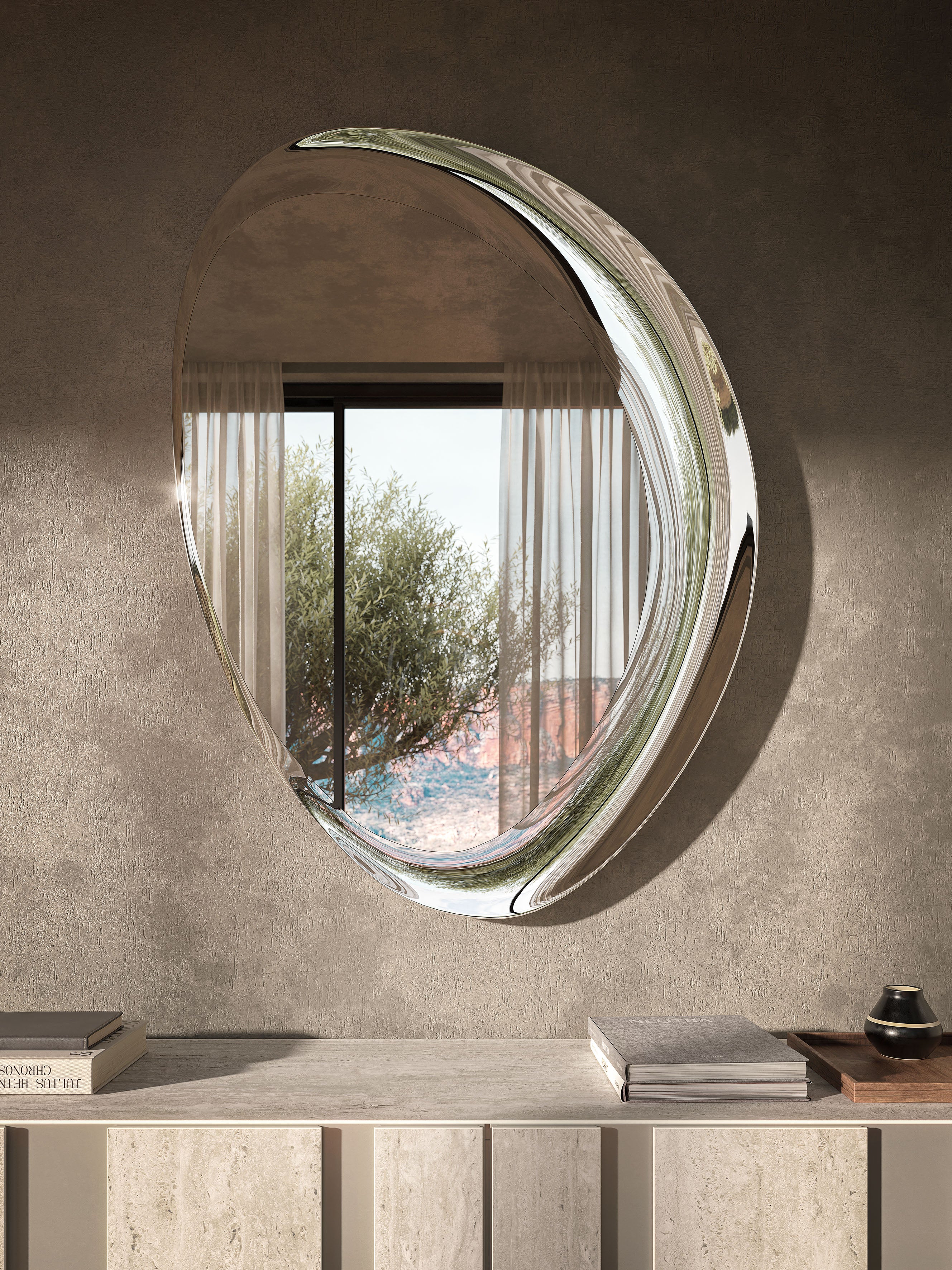 Clear mirrored Ascot Magnum mirror on a textured taupe wall, full view