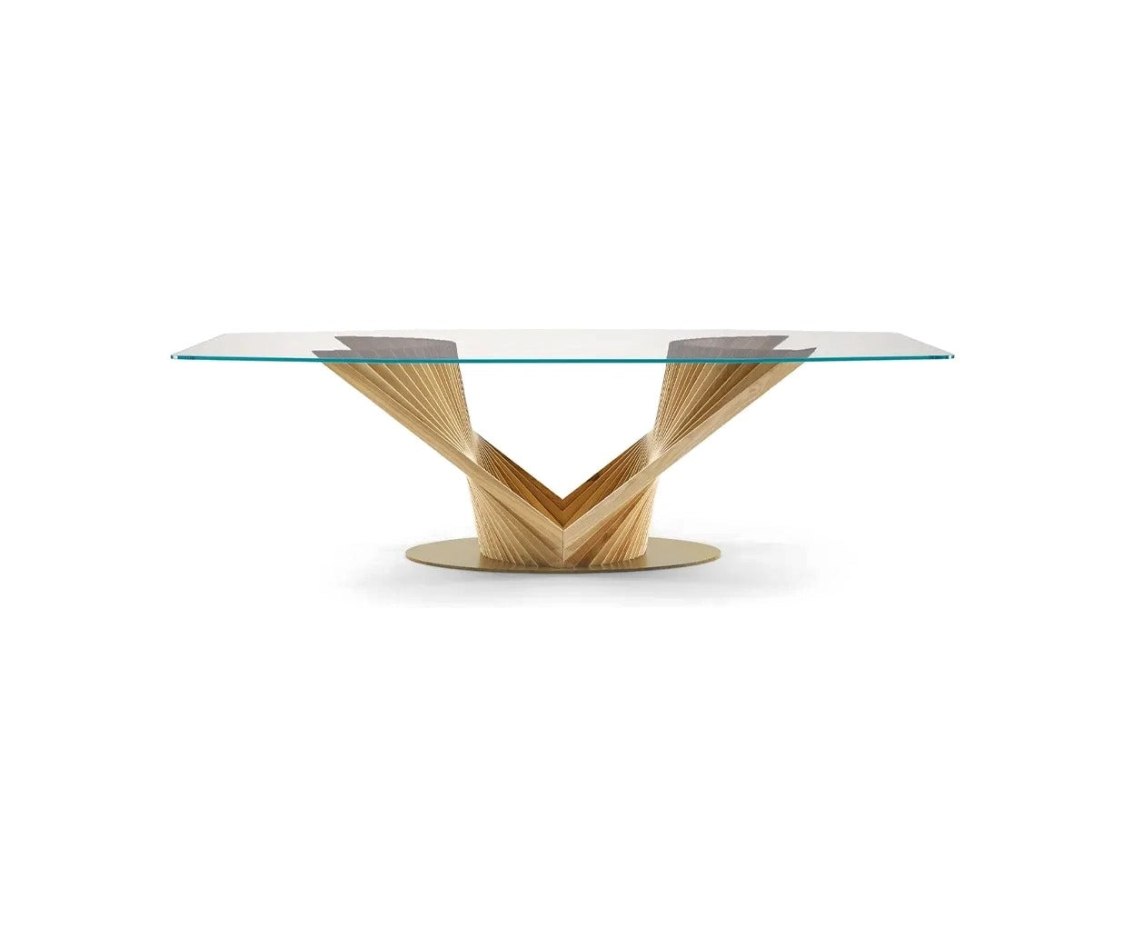 Front view of the Natisa By Reverse glass dining table with V-shaped ash wood base
