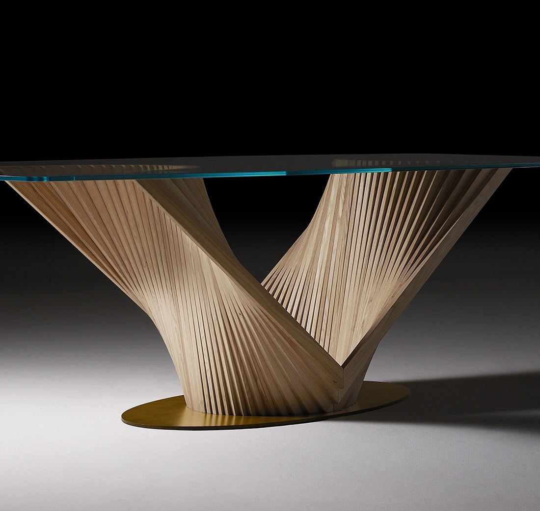 Close-up of the By Reverse handcrafted ash wood strip base under the glass top