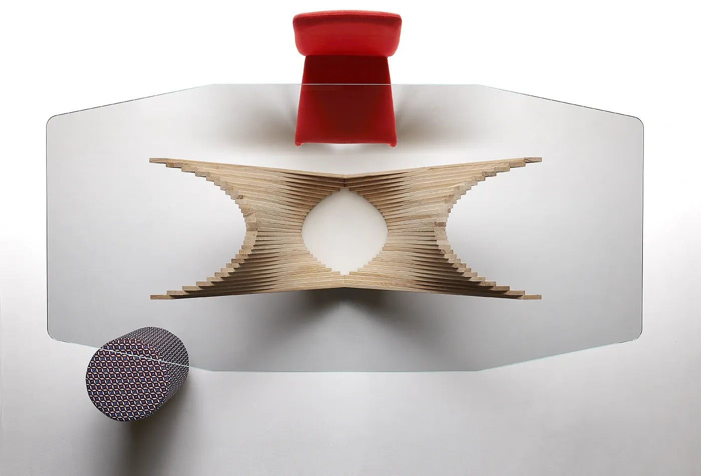 Overhead view of the By Reverse octagonal glass top showing the ash wood base
