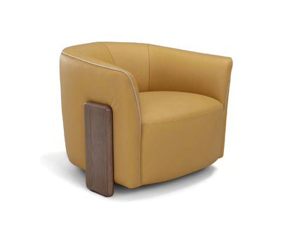 Celestia i976 armchair by Incanto in mustard leather with wood side panel, three-quarter view