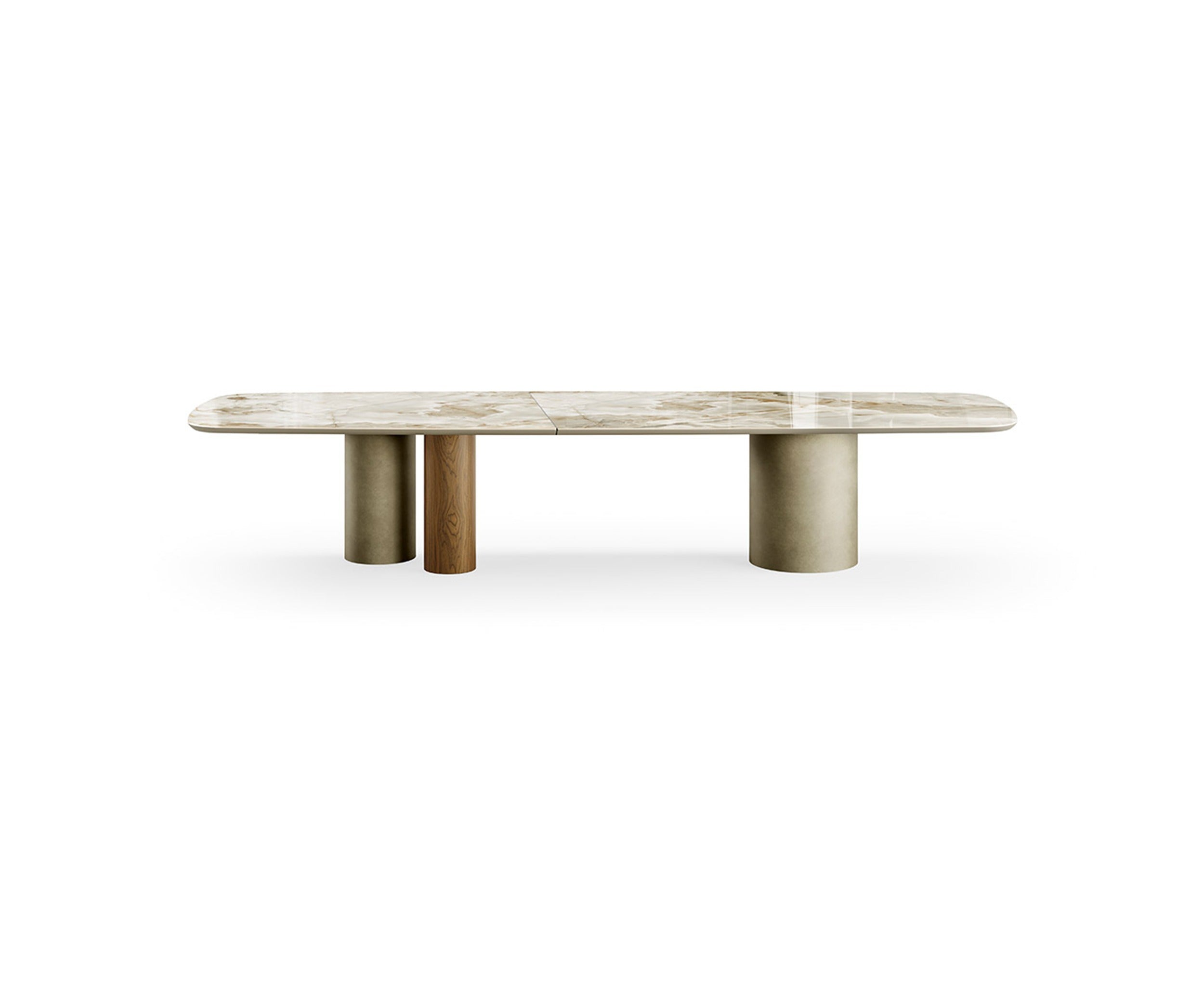 Cilindro Mix Ceramic Prime XL dining table by eforma, 157.5" long, ceramic top on painted metal and wood veneer cylinder bases