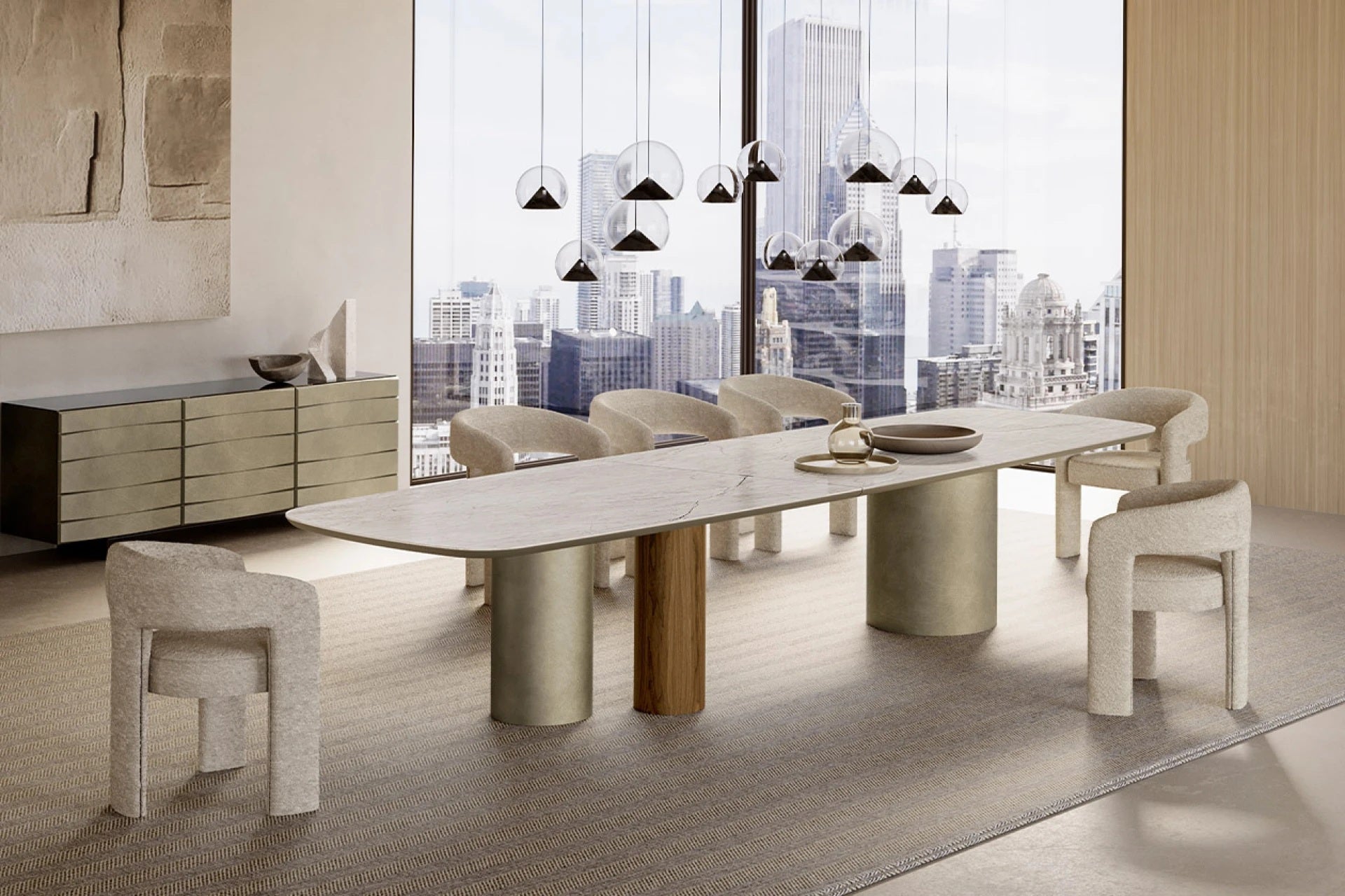 Cilindro Mix Ceramic Prime XL dining table with Mahal Silk ceramic top, brushed platinum and Canaletto walnut bases