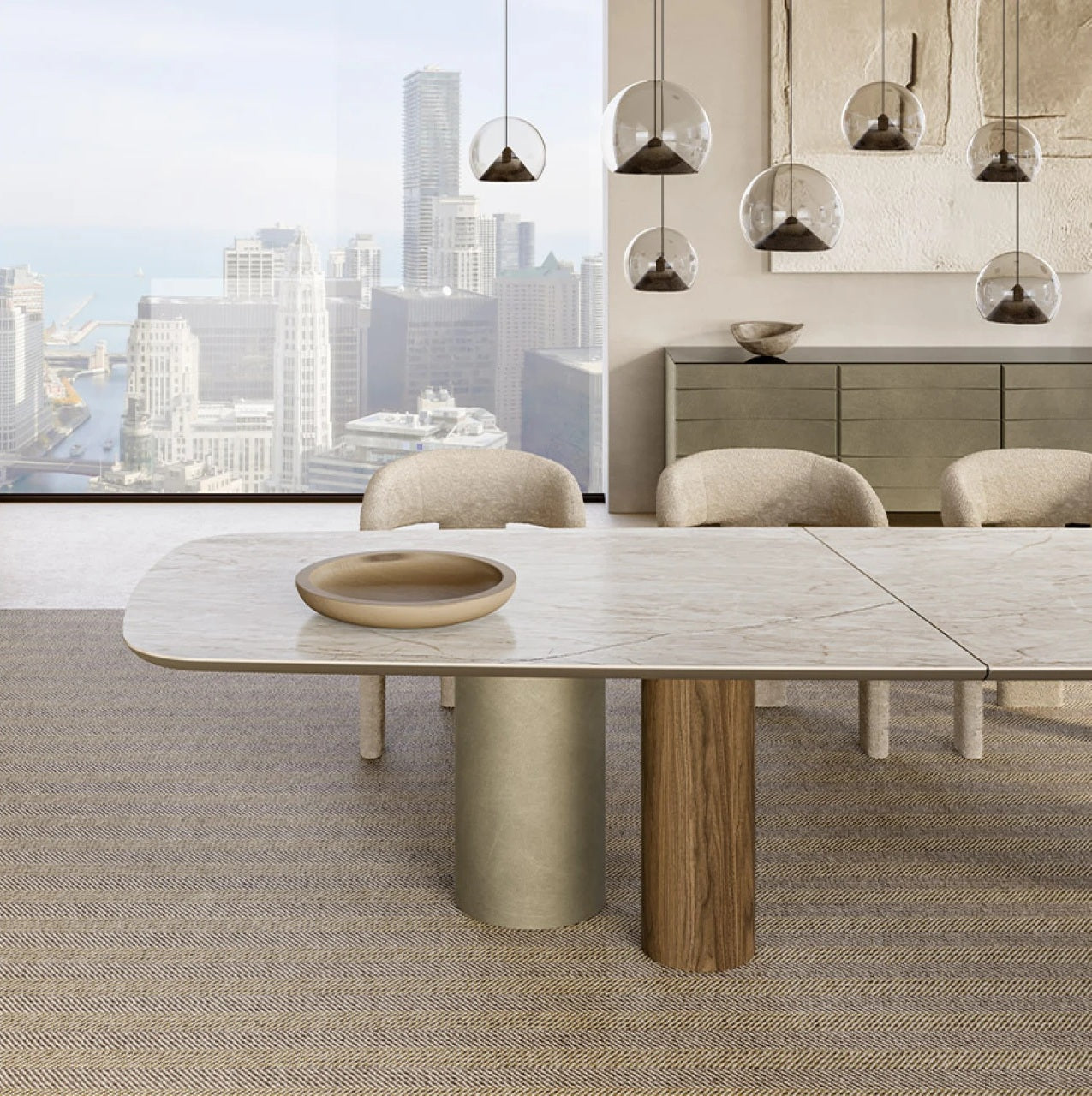 Detail of the Cilindro Mix Ceramic Prime XL top joint and brushed platinum and walnut cylinder bases