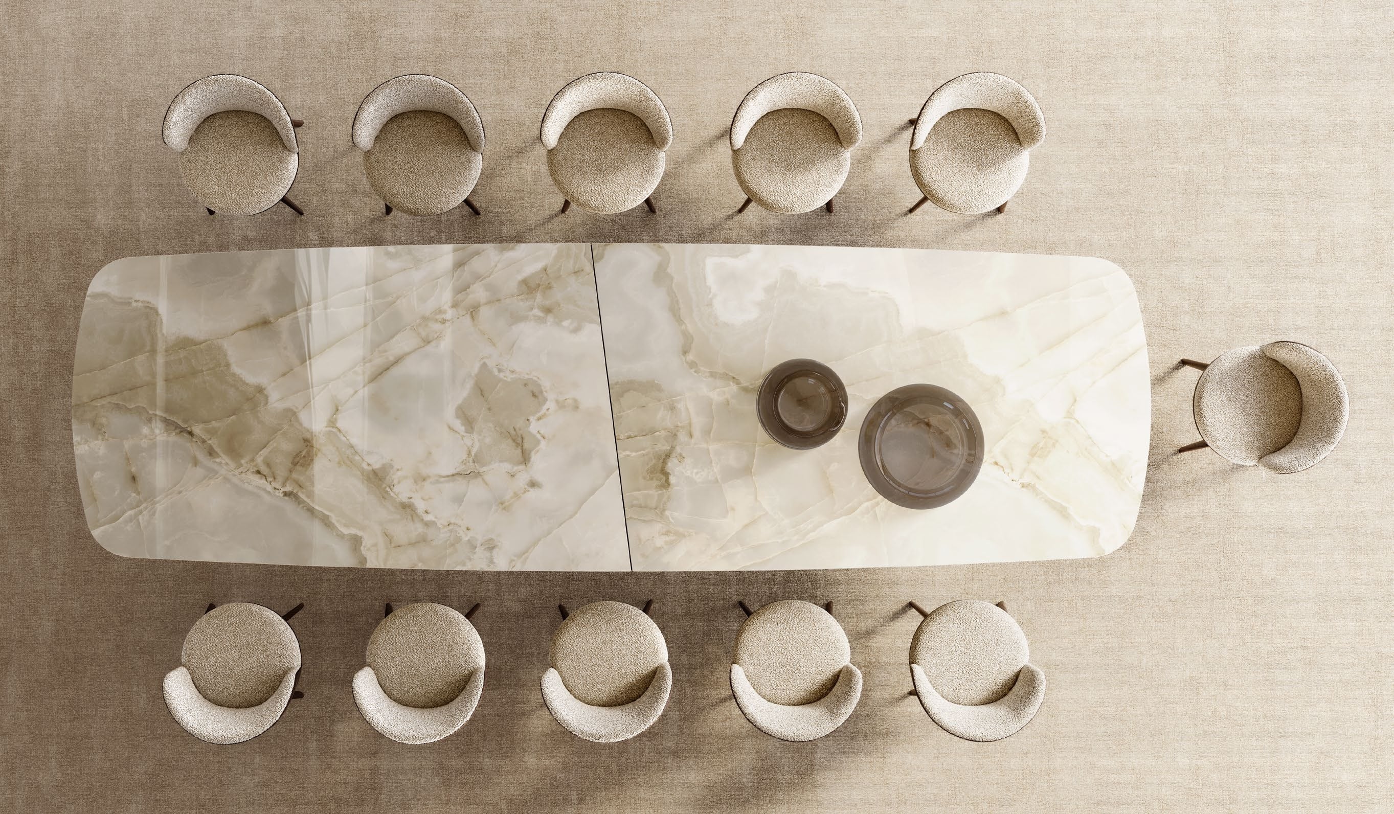 Top view of the Cilindro Mix Ceramic Prime XL dining table with glossy Onice Bianco ceramic top, 181.1" x 55.1"