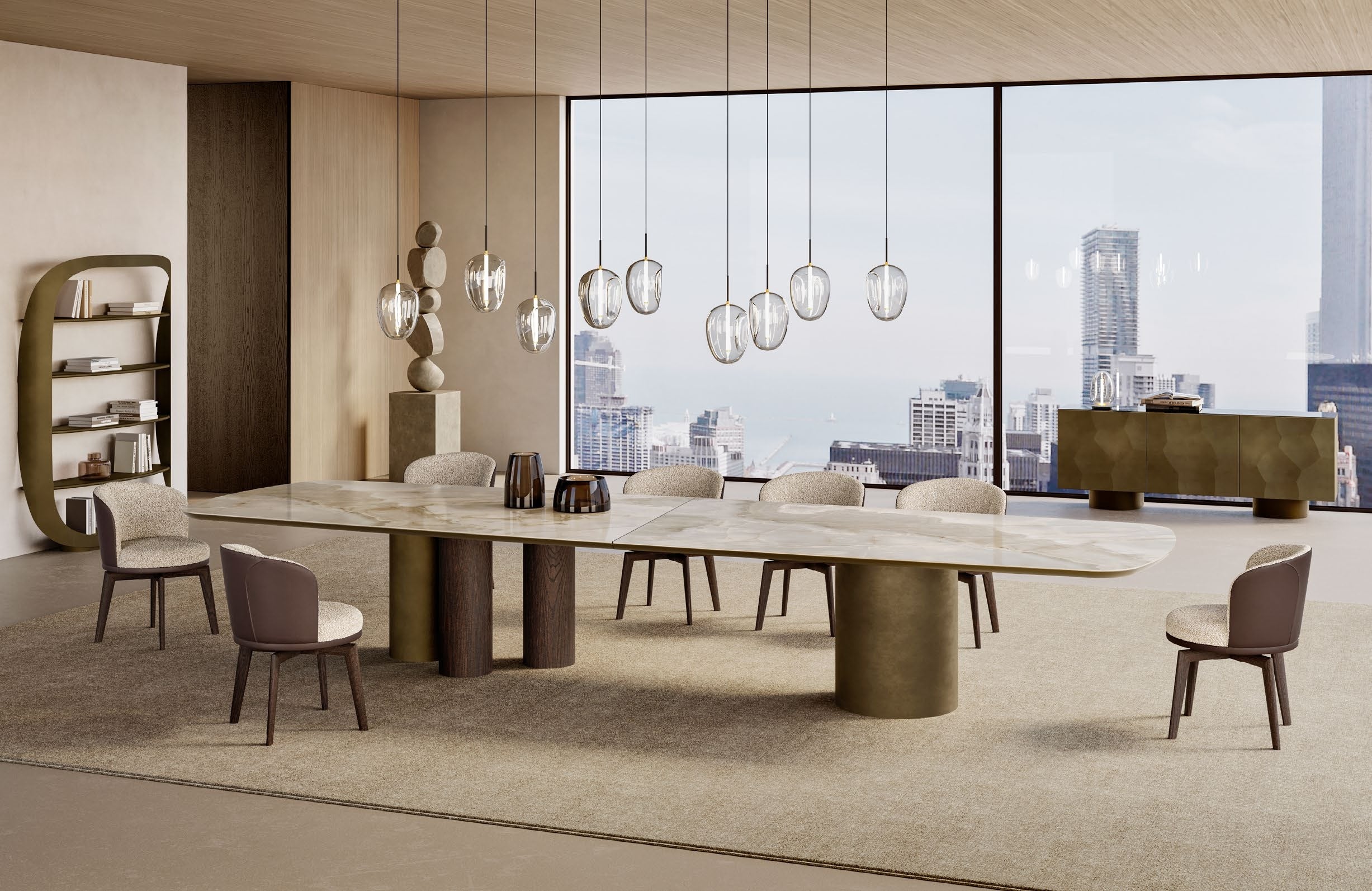 Cilindro Mix Ceramic Prime XL dining table, 181.1" x 55.1", glossy Onice Bianco top on brushed bronze vintage and dark brown ash bases