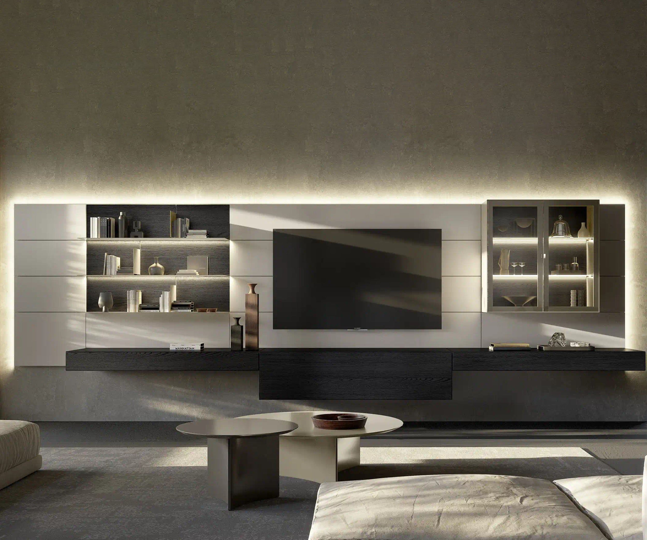 Domino Composition 8230 wall unit by Sangiacomo with backlit light panels, dark oak bookcase bay, TV and glass display unit
