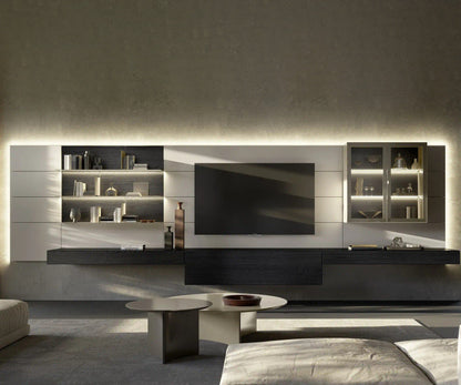 Domino Composition 8230 wall unit by Sangiacomo with backlit light panels, dark oak bookcase bay, TV and glass display unit