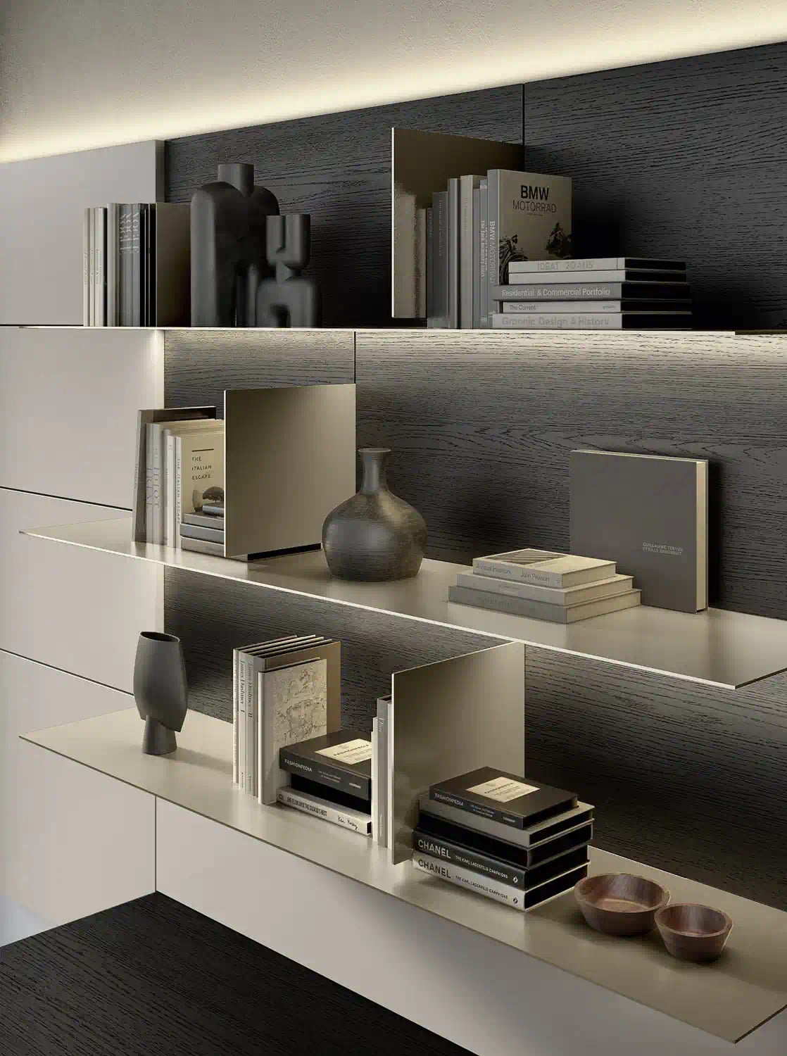 Domino Composition 8230 detail: shelves and metal dividers on dark oak panels with recessed LED lighting