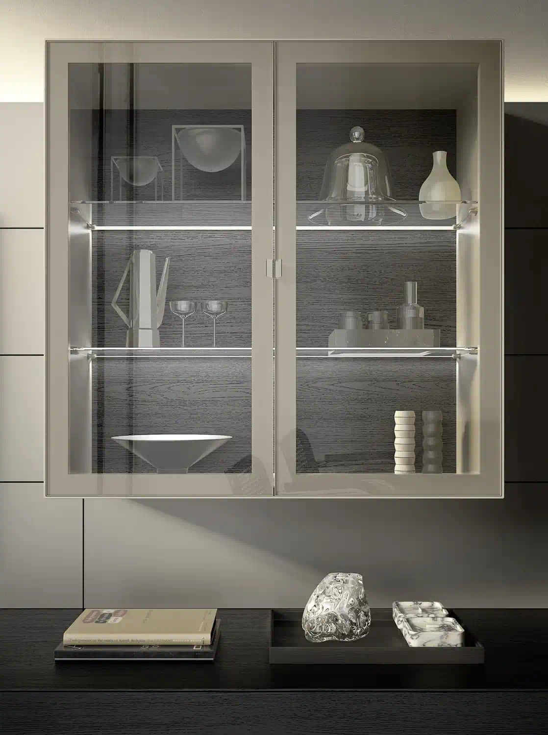 Domino Composition 8230 detail: glass-door display unit with lit glass shelves and oak back panel