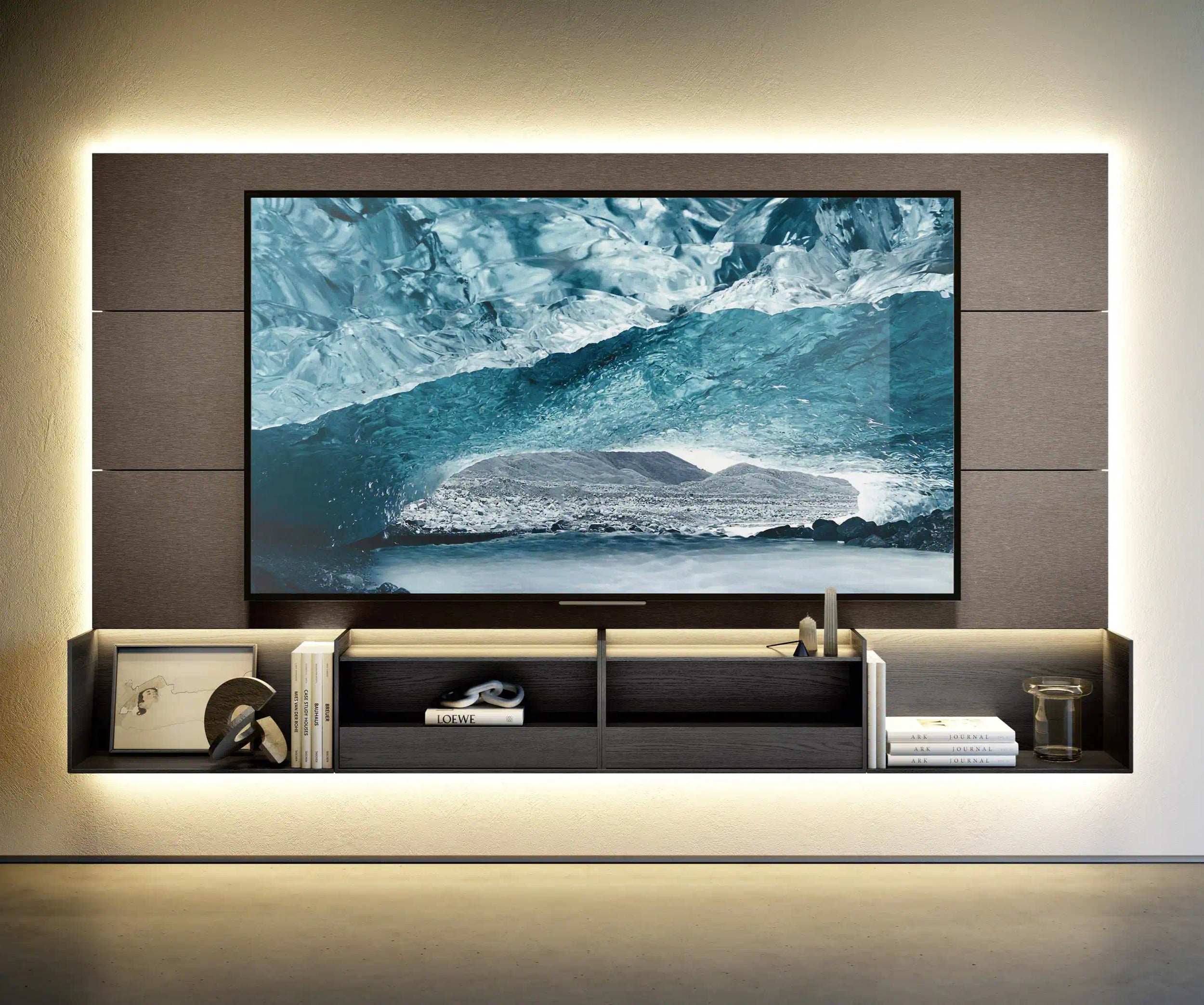 Domino Composition 8257 wall unit by Sangiacomo with backlit dark panel behind the TV and a wall-hung dark oak base