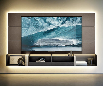 Domino Composition 8257 wall unit by Sangiacomo with backlit dark panel behind the TV and a wall-hung dark oak base
