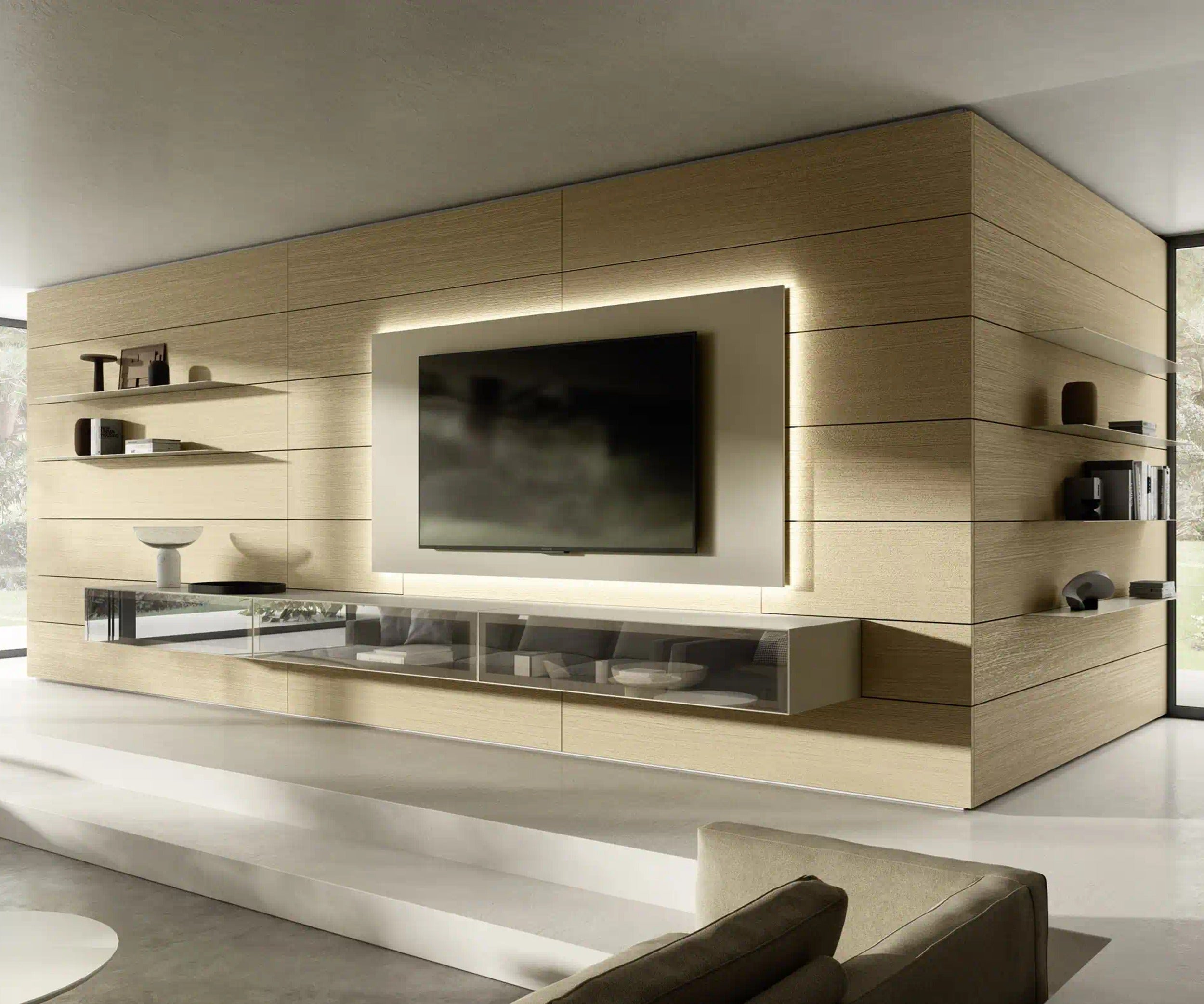 Domino Composition 8258 wall unit by Sangiacomo with light oak boiserie, backlit TV panel, metal shelves and glass-front base