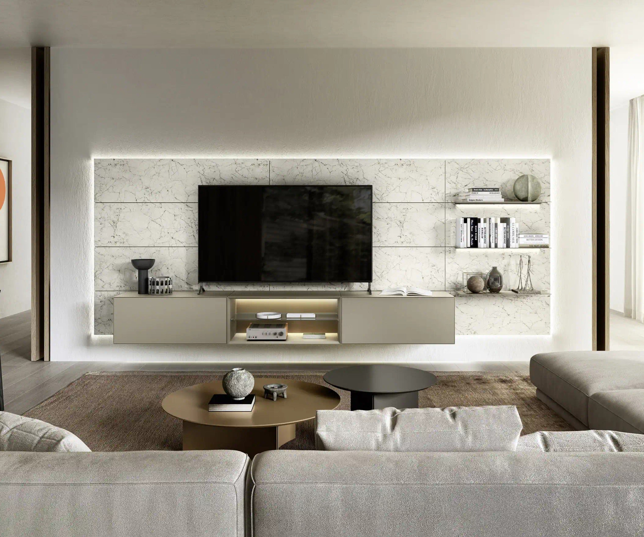Domino Composition 8536 wall unit by Sangiacomo with backlit stone-effect boiserie, TV, wall-hung base and lit shelves