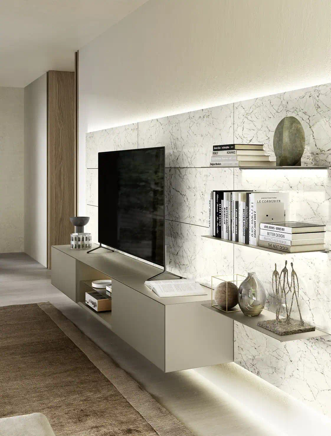 Domino Composition 8536 side view: wall-hung taupe base and lit metal shelves on stone-effect panels