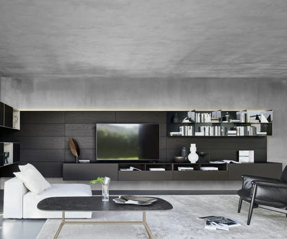 Domino Composition 9298 corner wall unit by Sangiacomo in dark oak with smoked-glass bookcase modules, TV and wall-hung bases