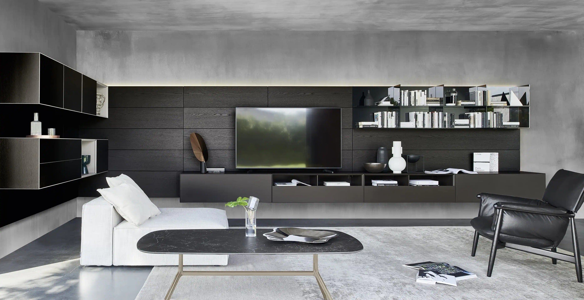 Domino Composition 9298 full room view with corner wall units, dark oak wall panel, smoked-glass bookcases and bases