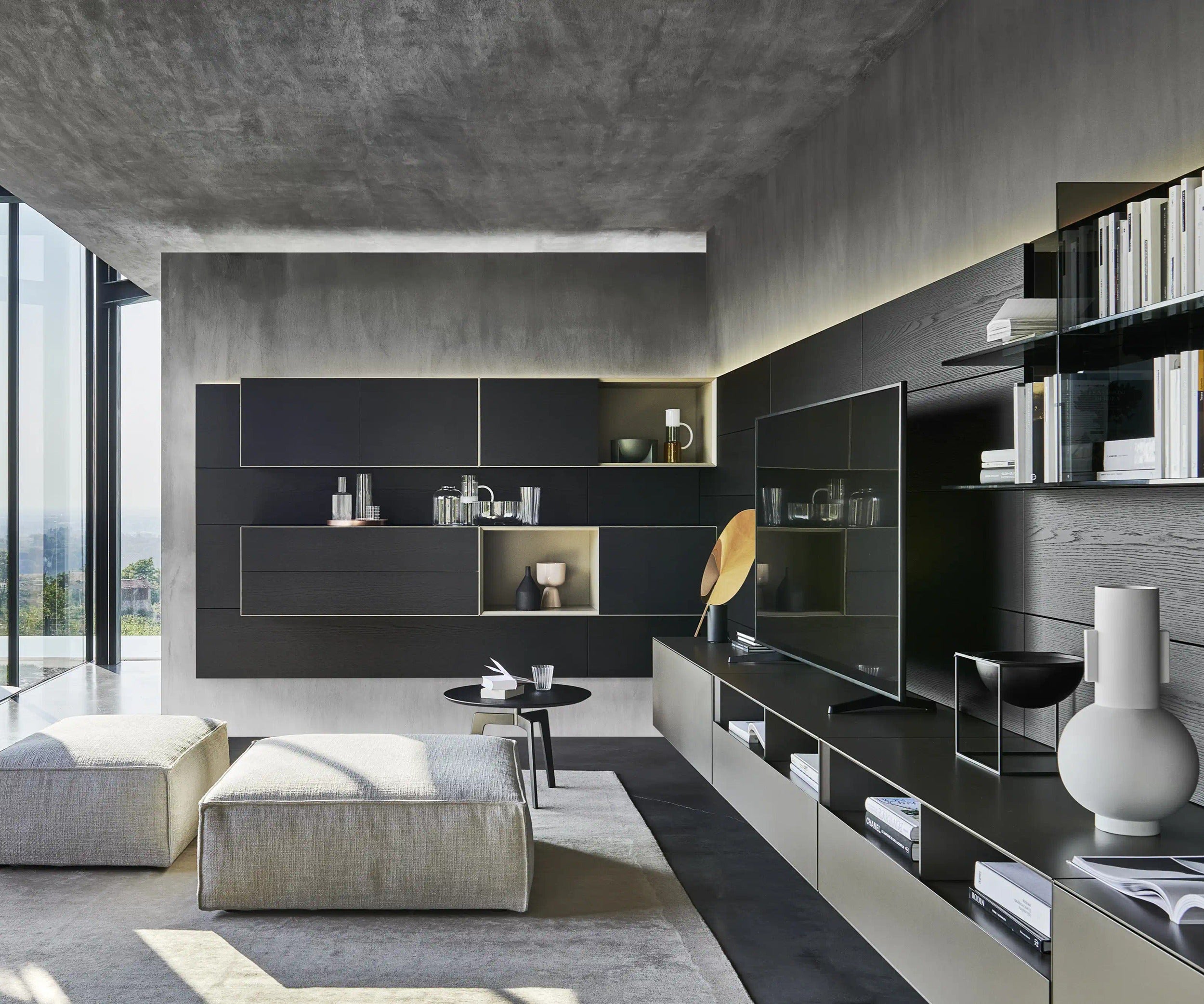 Domino Composition 9322 wall unit by Sangiacomo across two walls with dark oak panels, open compartments, smoked-glass bookcase and bases
