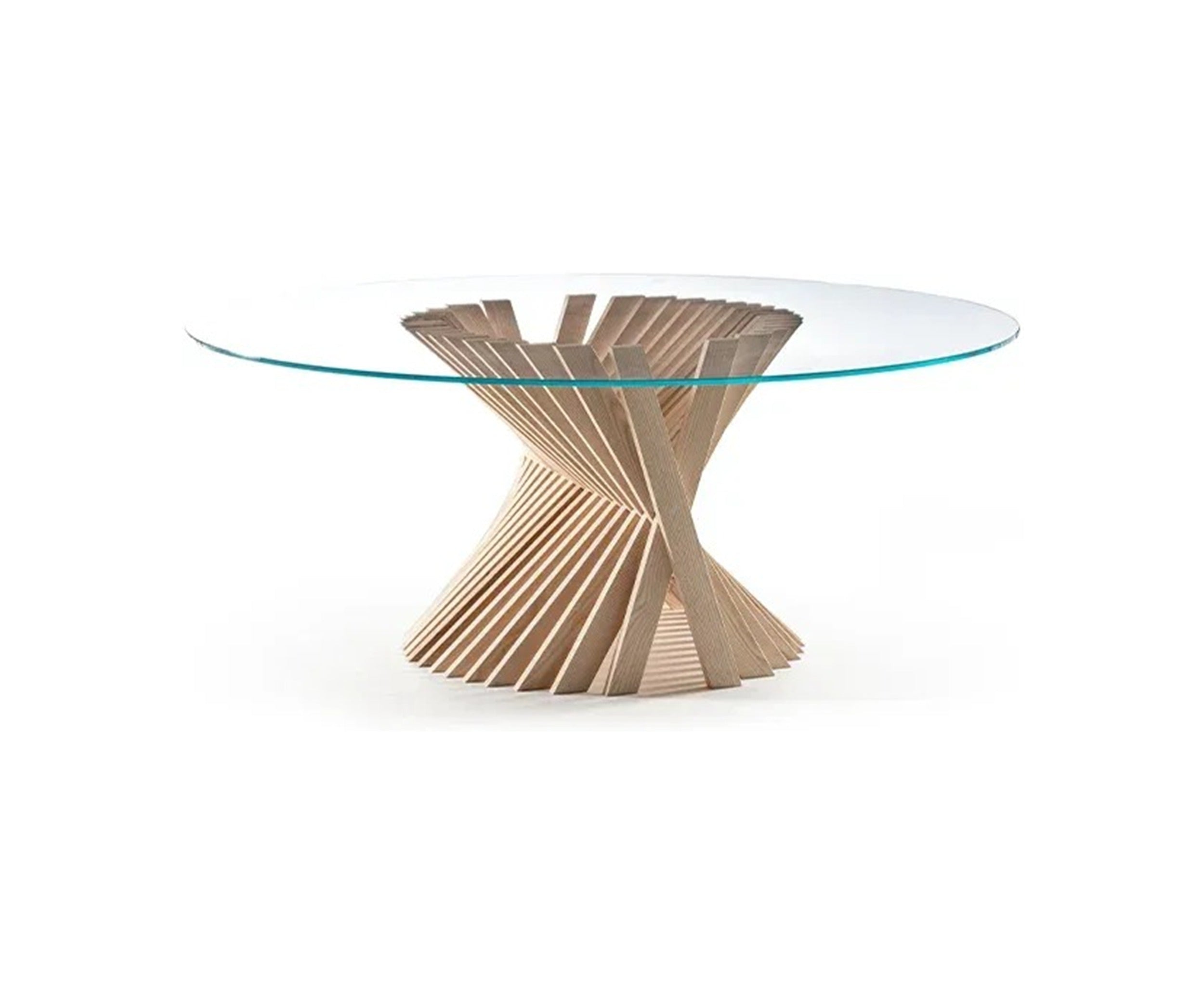 Nest round dining table by Natisa with clear glass top and twisted natural ash strip base, on white