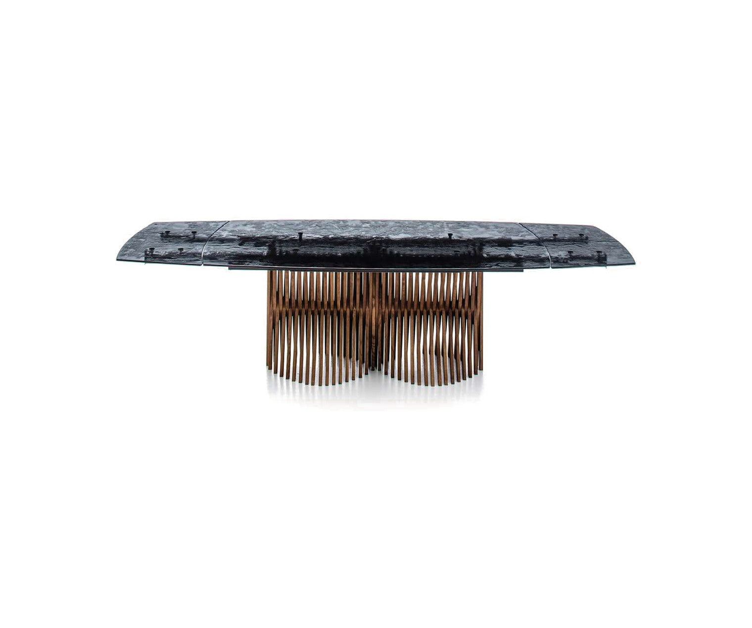 Nest A Double dining table by Natisa fully extended with an extension at each end, front view