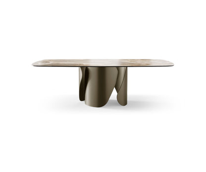 Onda Ceramic Top dining table by eforma with shaped Alabastro ceramic top and sculptural metal base
