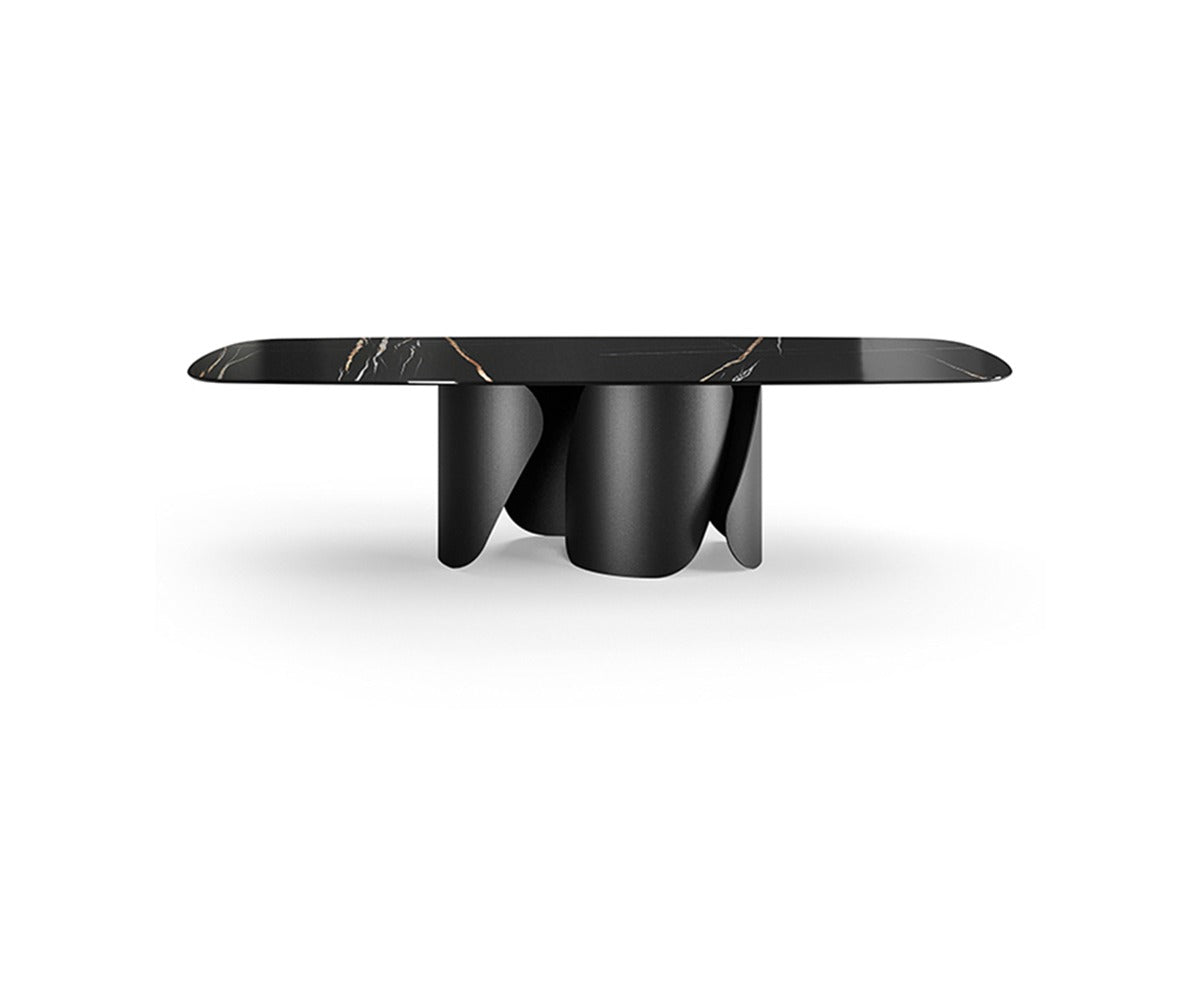 Onda Ceramic Top dining table by eforma with black veined ceramic top and black base, front view