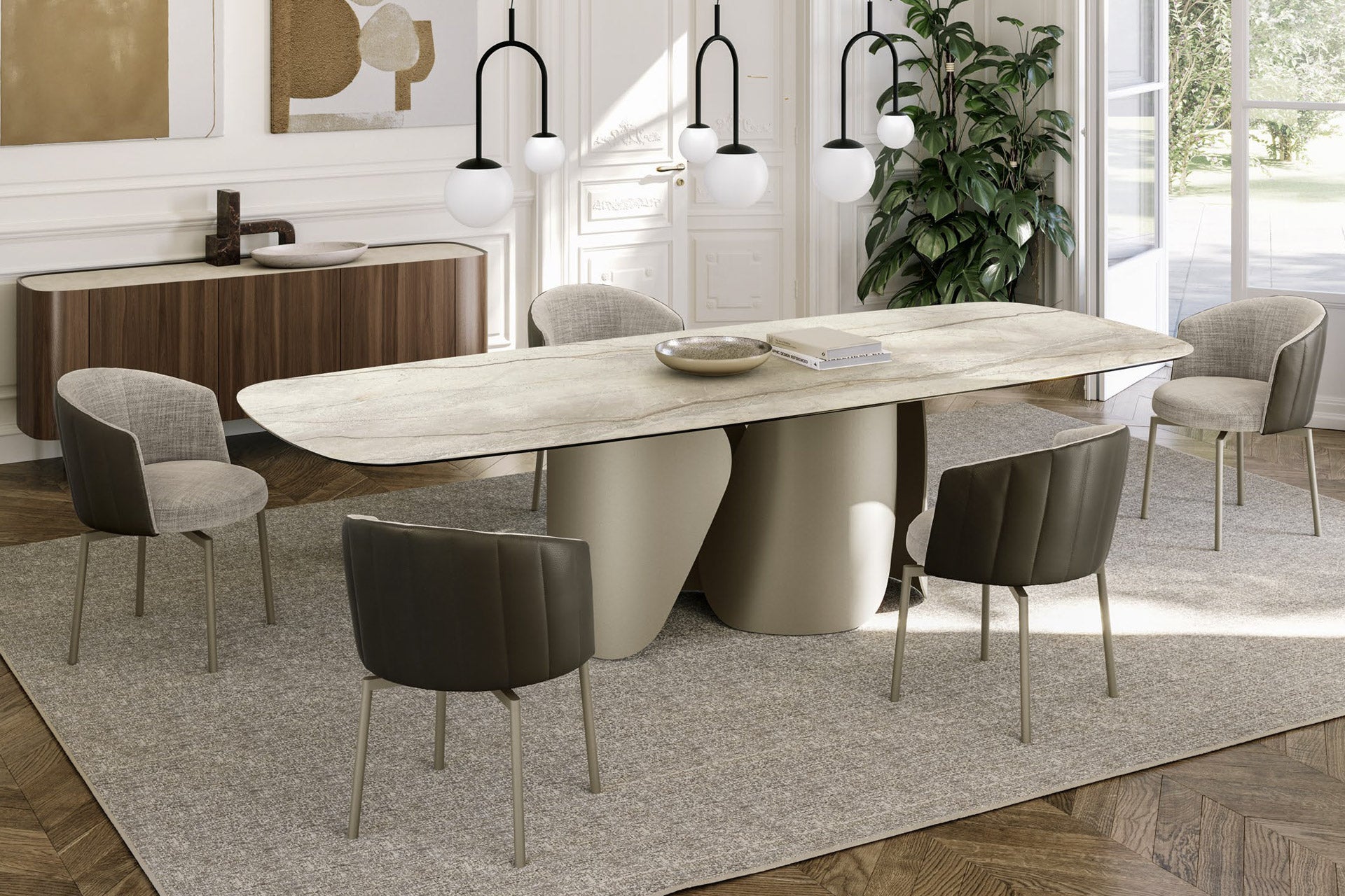 Onda Ceramic Top dining table by eforma with shaped Matt Silver Root Bianco top and Titanium base in a dining room
