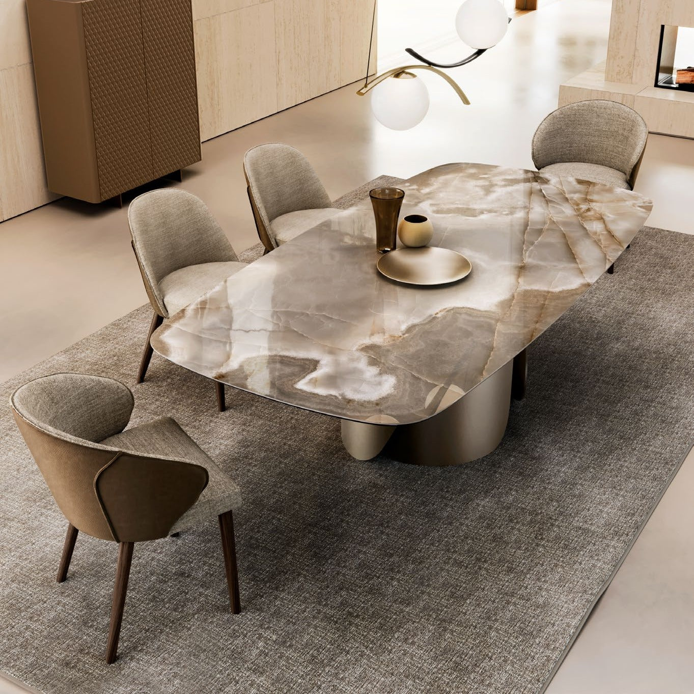 Onda Ceramic Top dining table by eforma with onyx-look ceramic top, seen from above in a dining room