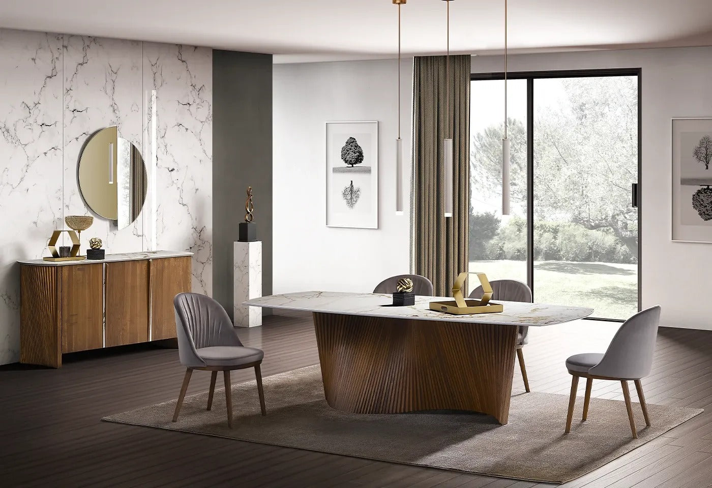 Orbit dining table with walnut base and white marble-look barrel top in a dining room