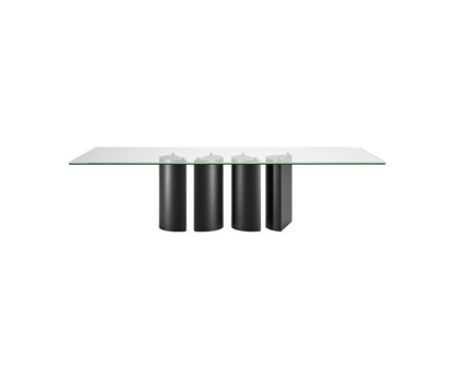 Plai Glass Top dining table by eforma with extra-clear glass top and four-leg black base