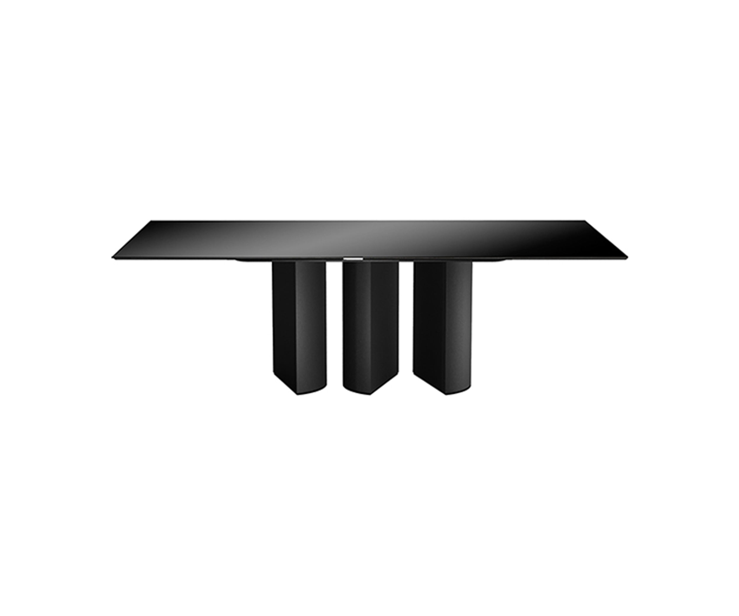 Plai Glass Top dining table by eforma with glossy black painted glass top and three-leg black base