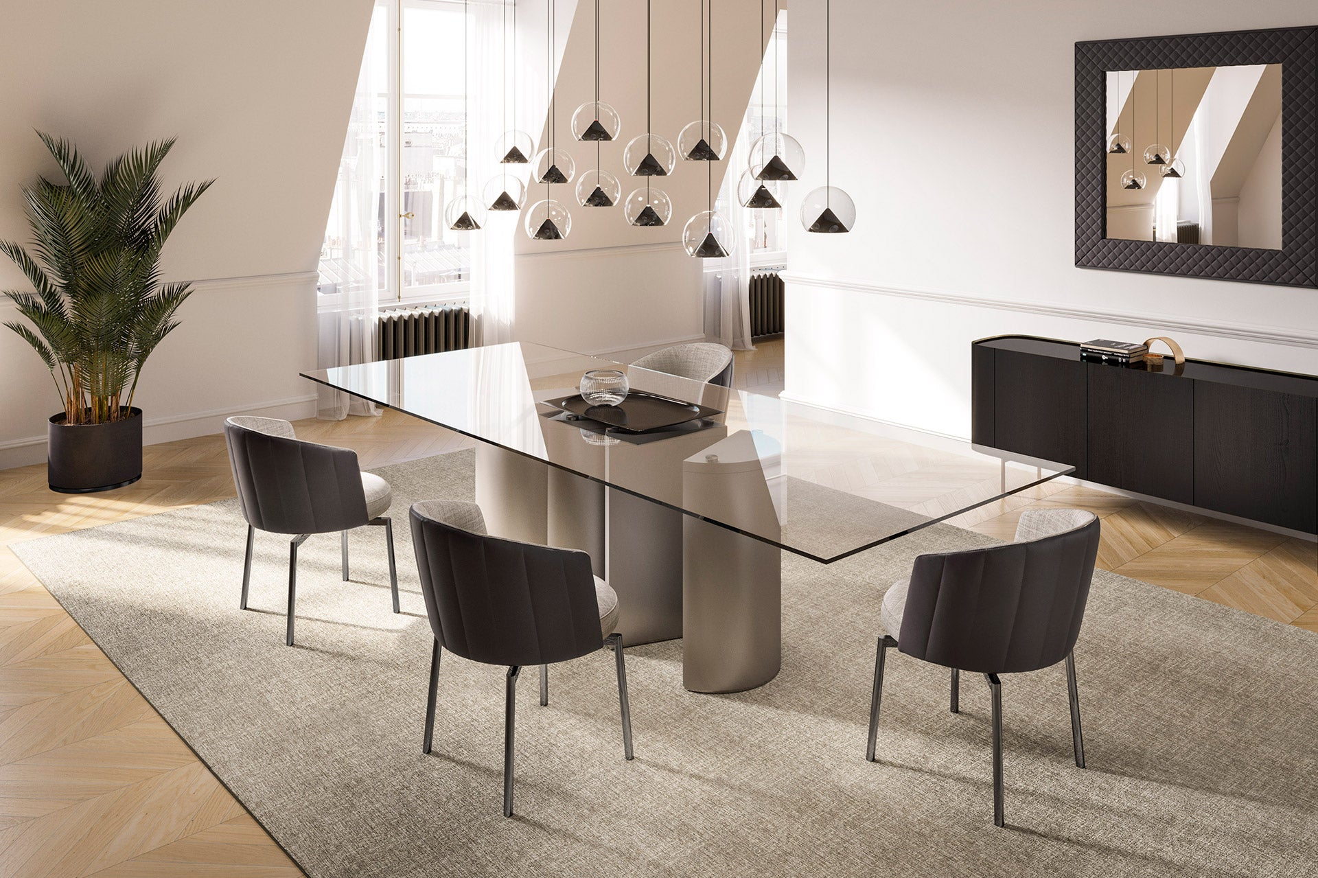Plai Glass Top dining table with rectangular extra-clear glass top and titanium base in a dining room